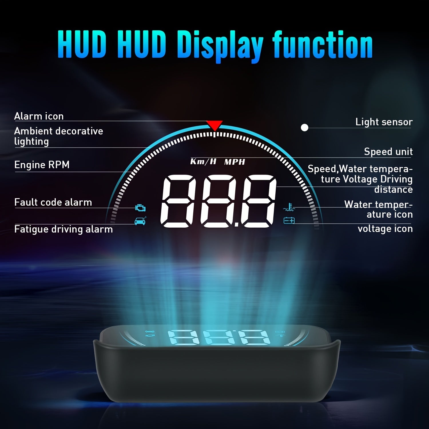 Car Heads-Up Display HD Portable Projector for Vehicles Speed Temperature Alarm