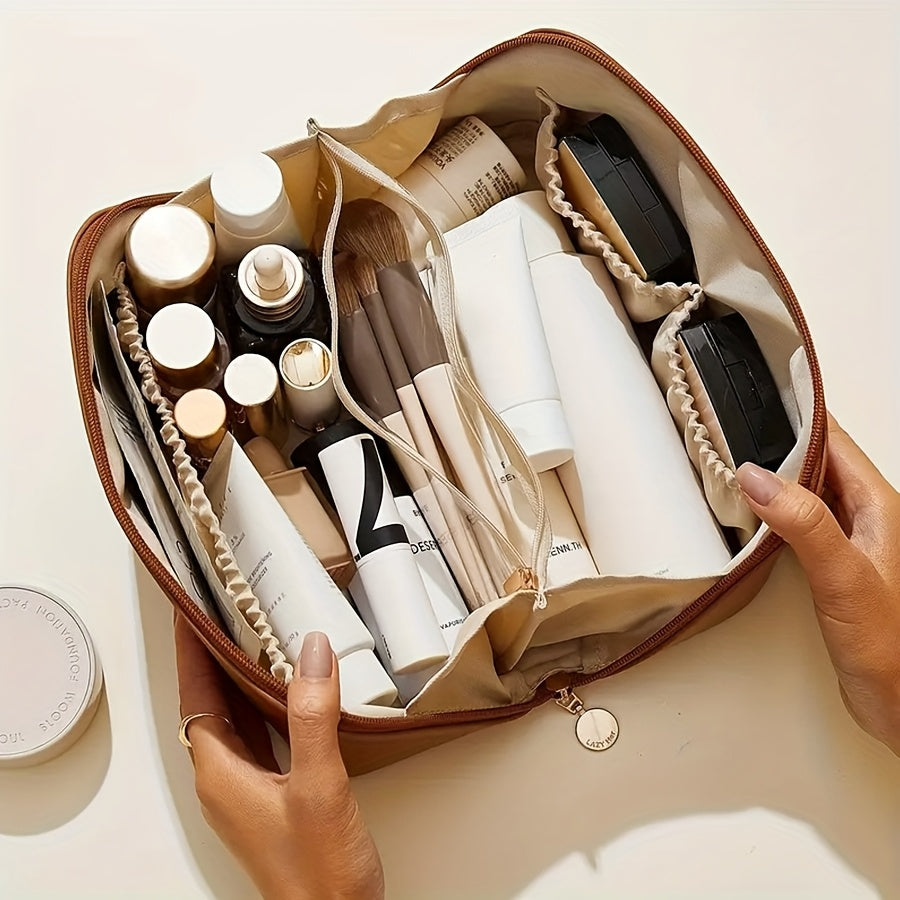 Большой вместительный органайзер для макияжа и туалетных принадлежностей из искусственной кожи с молнией и ручкой