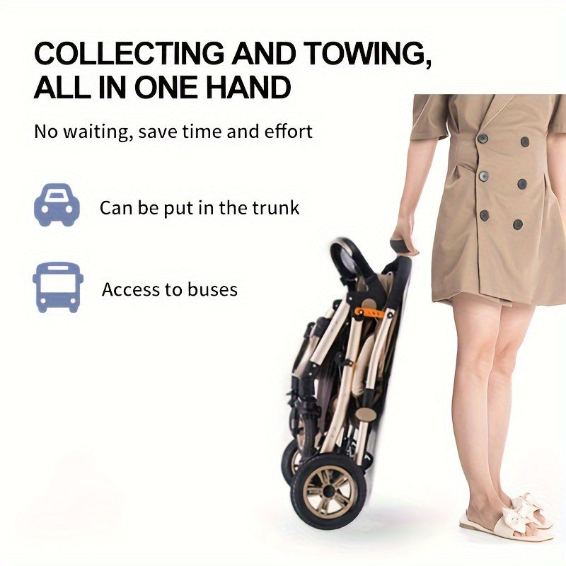 Kids Stroller Khaki and Brown Striped with High Carbon Steel Frame One-Hand Fold Front-Facing