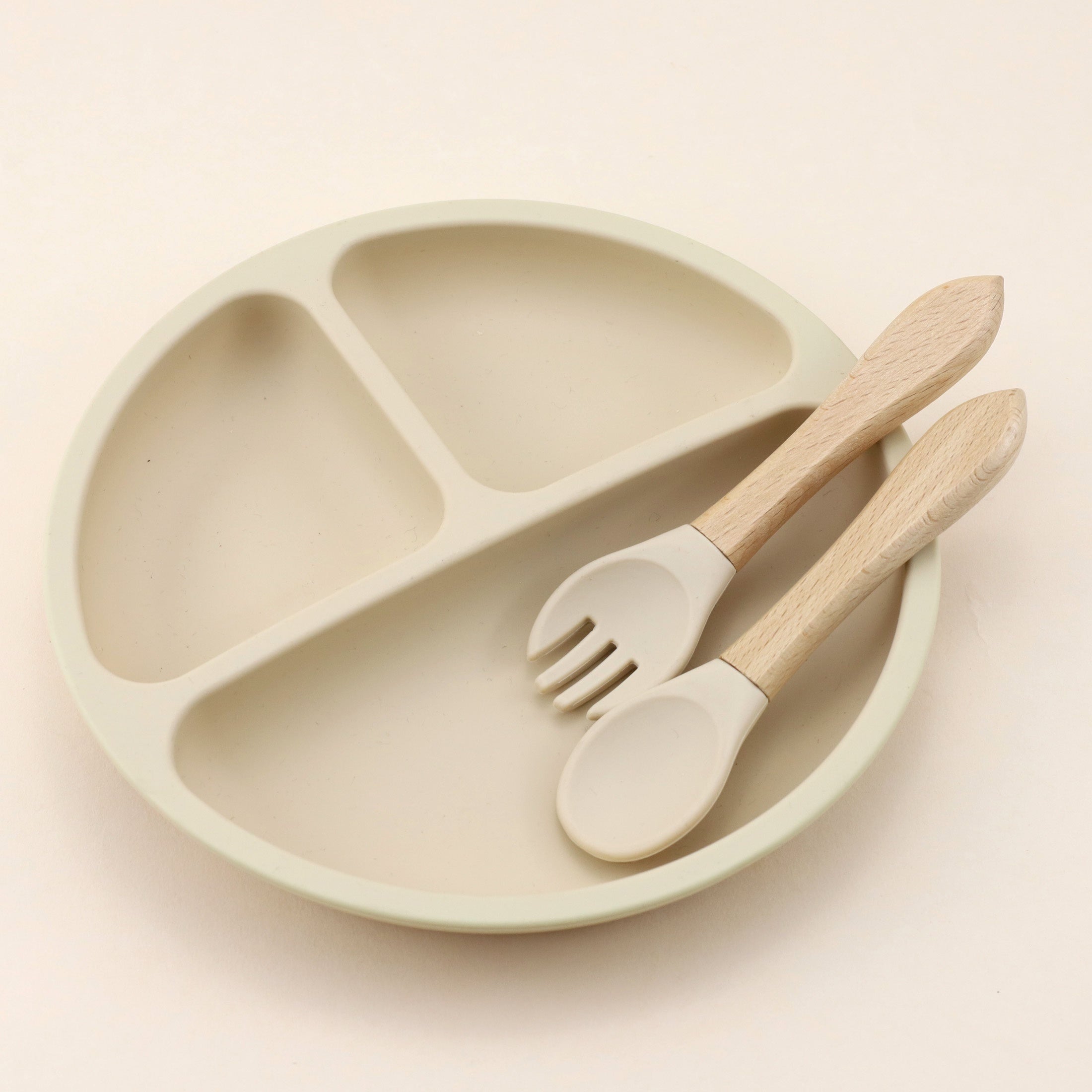 Baby Feeding Set 3-Piece Silicone Divided Plate with Suction Wooden Spoon Fork Red