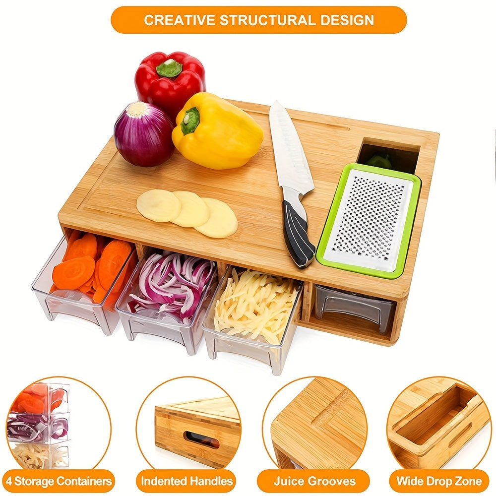 Bamboo Chopping Board with Drawer Containers and Juice Grooves Kitchen Organizer