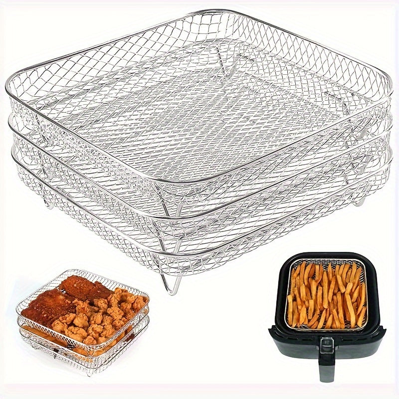 Set of 3 Stackable Stainless Steel Dehydrator Racks with 4 Baking Sticks for Air Fryer, Steaming, Baking, and Cooling