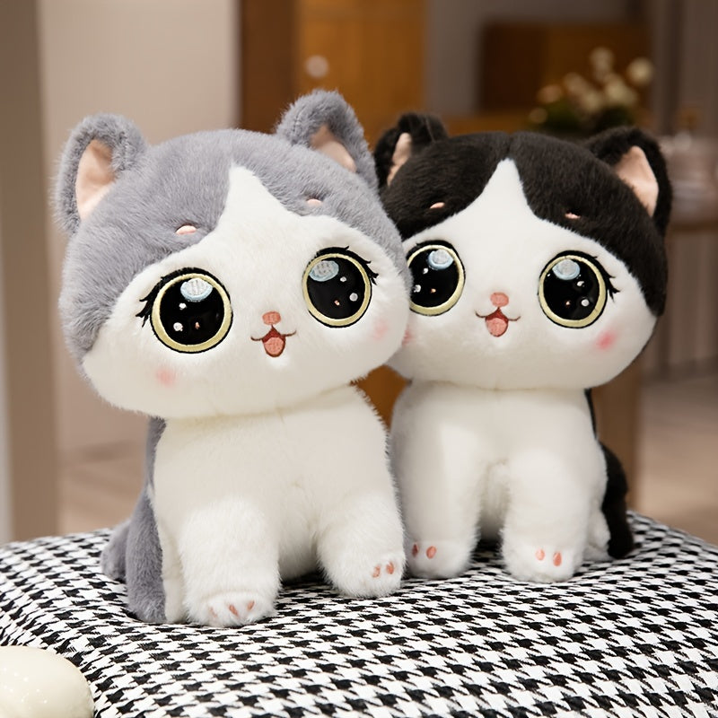 Fluffy Black and Grey Simulation Cat Plush Toy for Kids and Home Decor