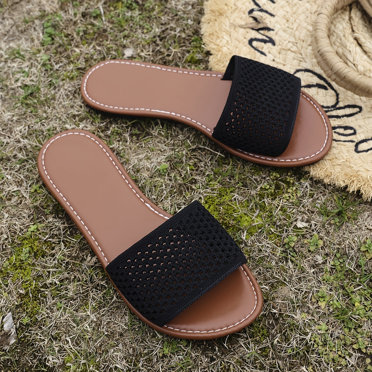 Women's Flat Slide Sandals with Mesh Upper Non-Slip Rubber Sole Summer Beach