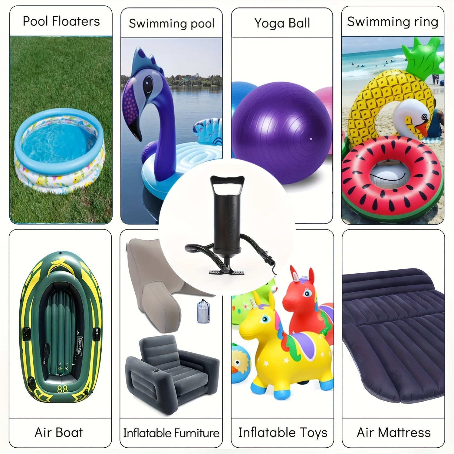 Чёрный портативный ручной насос с 3 адаптерами - идеально подходит для надувания кроватей, игрушек для бассейна, шариков и лодок.