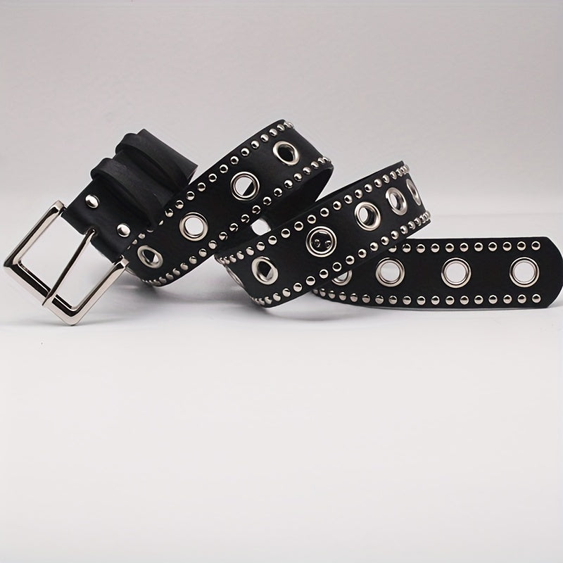 Unisex Black PU Belt with Punk Eyelet Rivets and Studs for Jeans and Pants