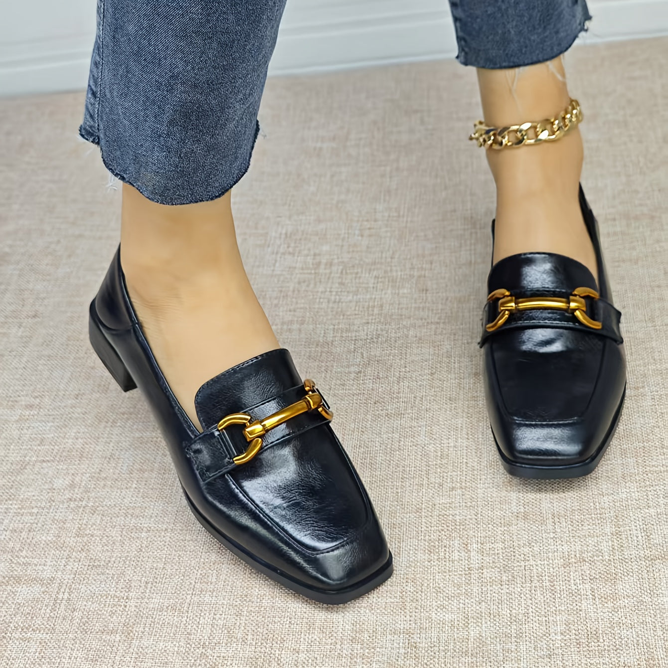 Women's Vintage Black Loafers Flat Shoes Penny Buckle Square Toe