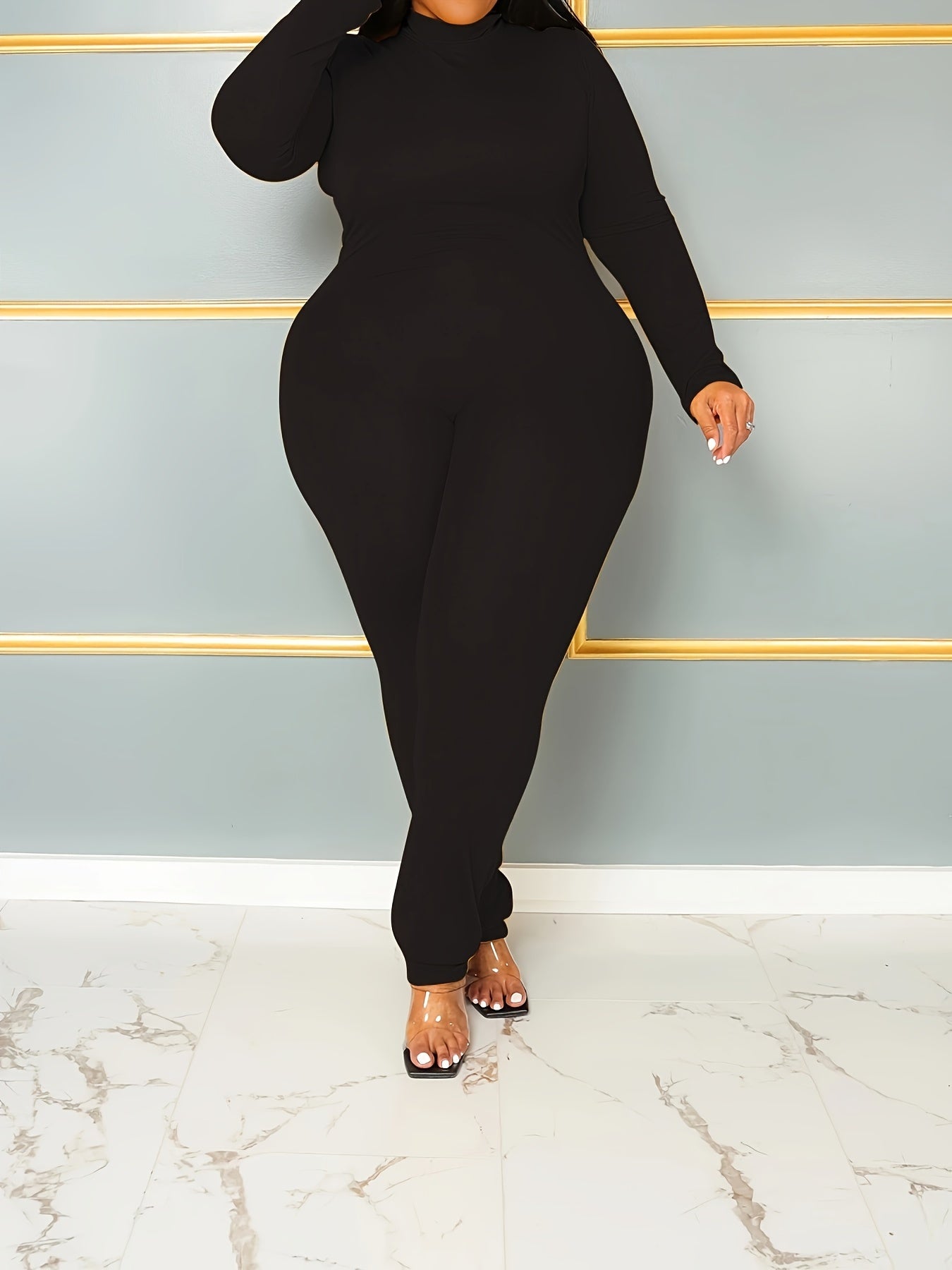 Plus Size Women's Casual Long Sleeve Skinny Jumpsuit in Solid Colors
