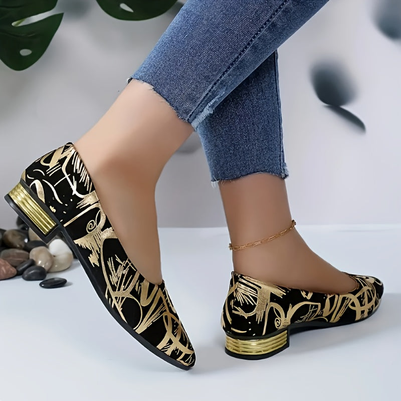 Women's Low Heel Flat Shoes with Golden Embellishments and French Retro Design