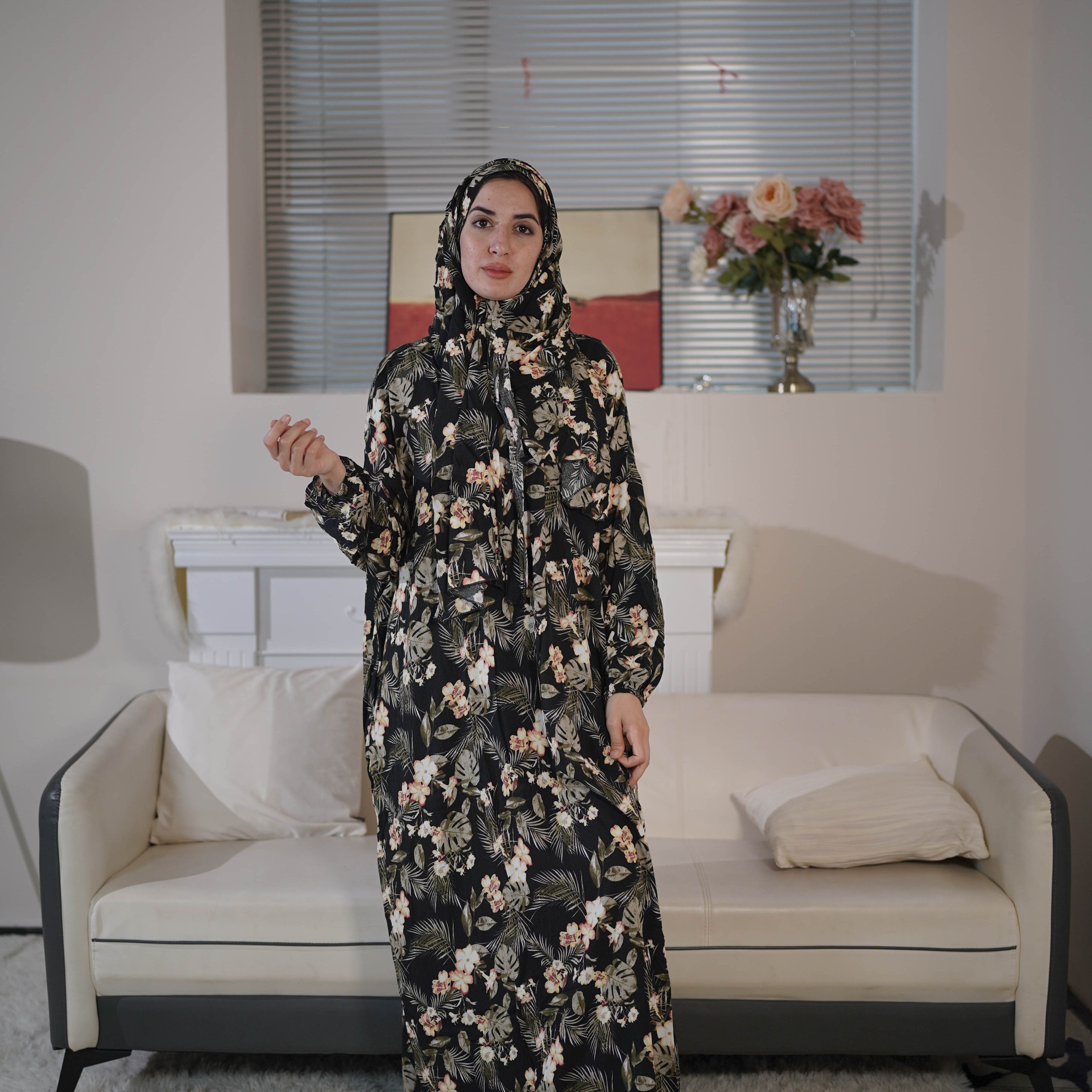Women Rayon Floral Print Hijab Dress with Scarf Integration