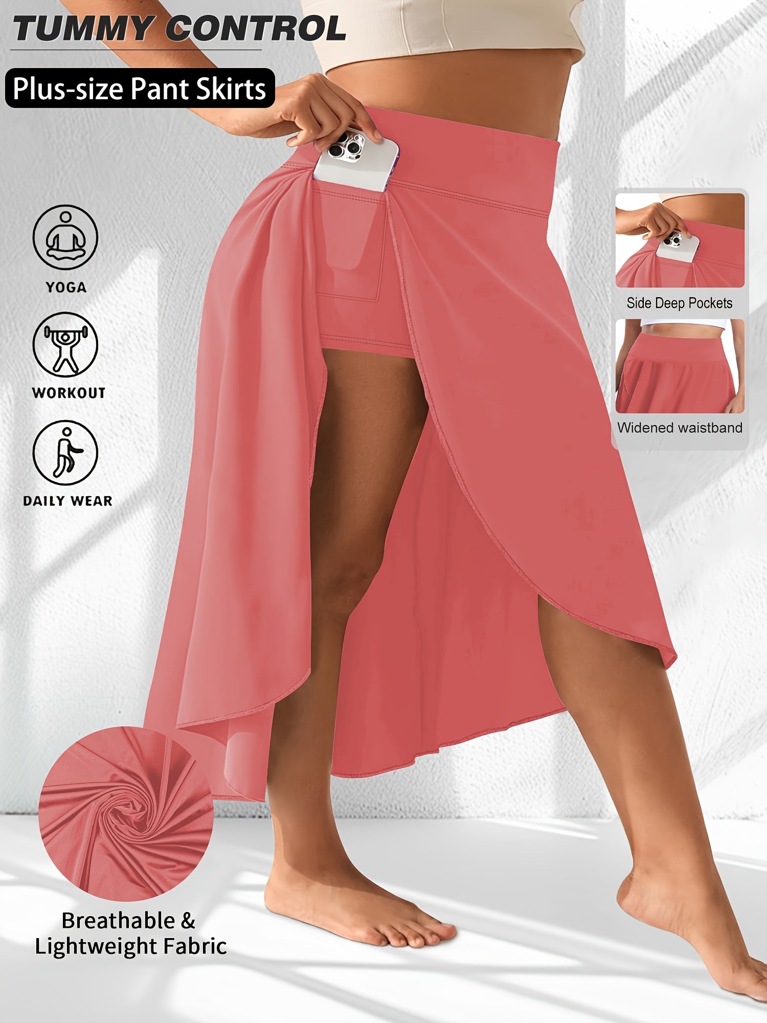 Plus Size Silky High-Waisted A-Line Skirt with Slit and Pockets for Women