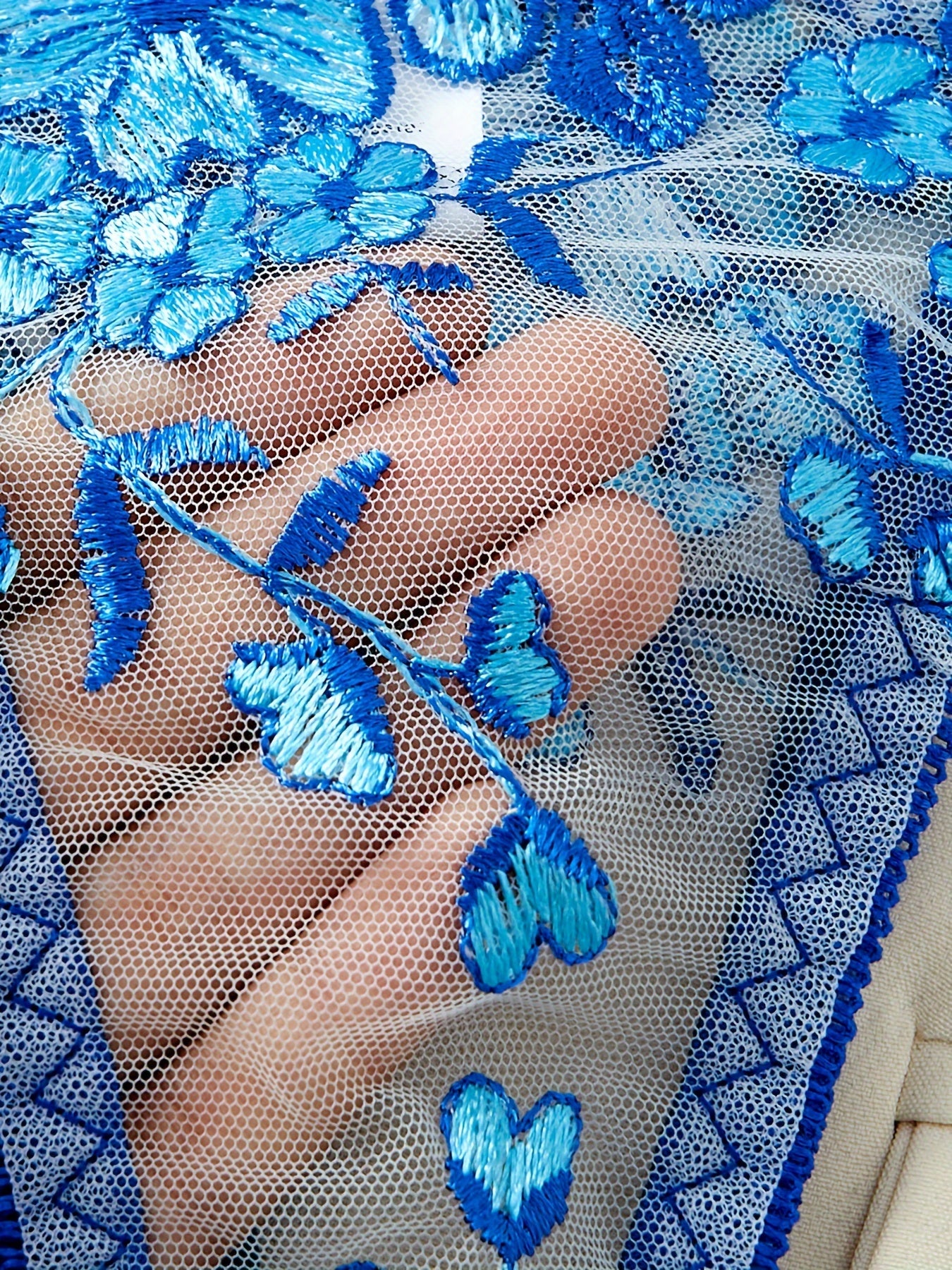 Women's Blue Floral Embroidered Lingerie Set with Sheer Mesh and Bow Details