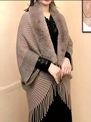 Asymmetrical Polyester Shawl with Faux Fur Collar Geometric Pattern for Women