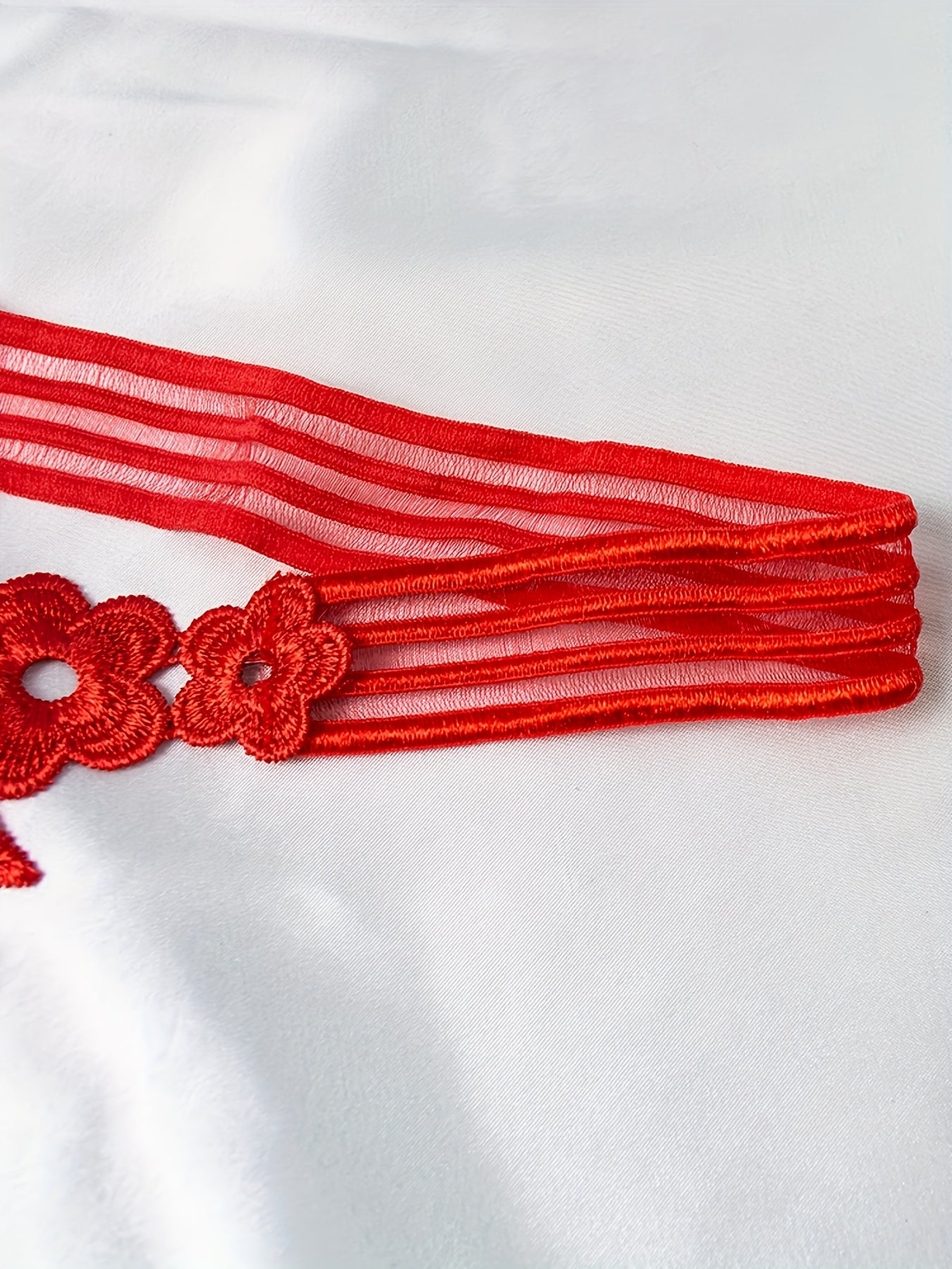 Women's Red Polyester Knit Thong Panties with Embroidered V-String and Drop Waist