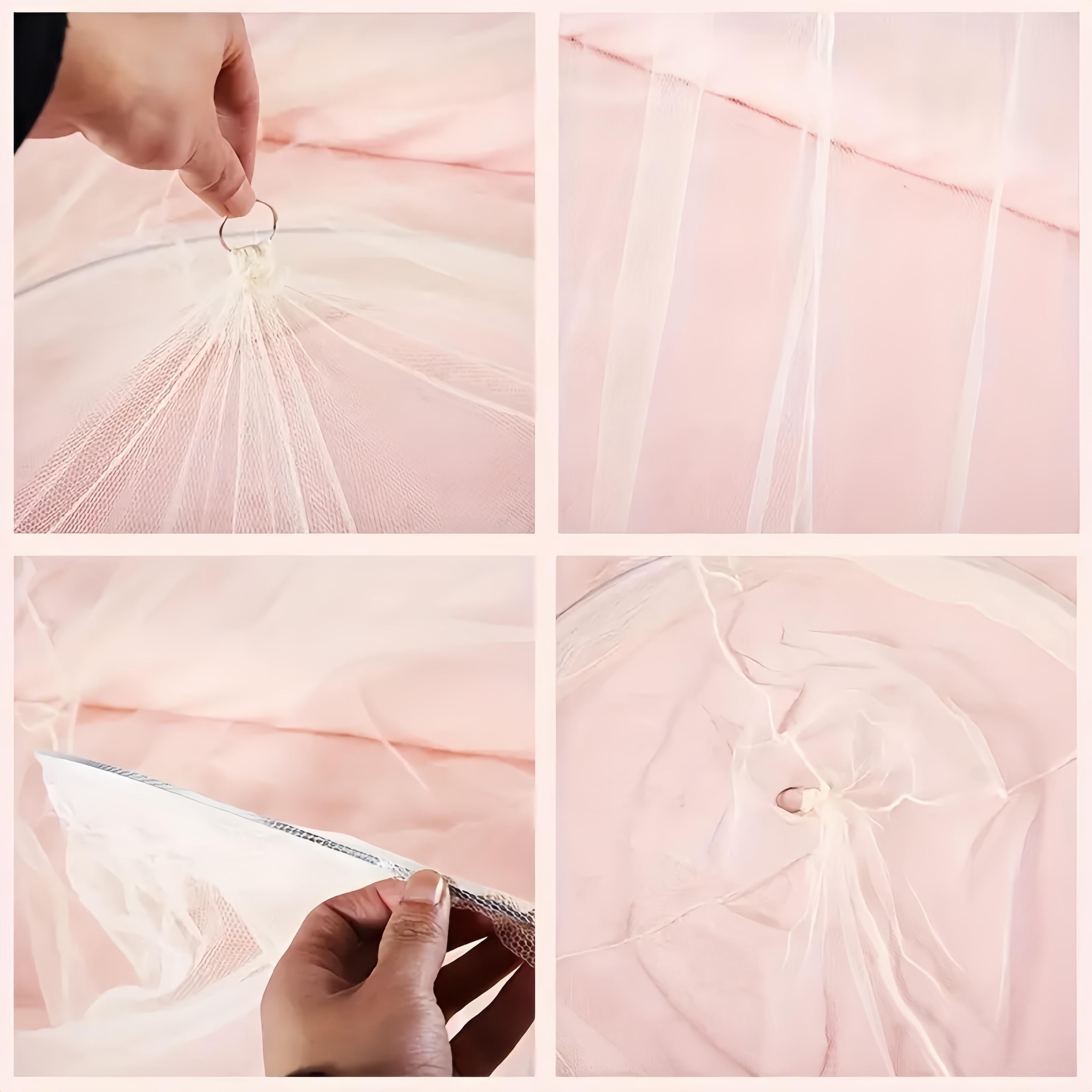 "Dumaloq dome dizayniga ega komar to'sig'i, 100% polyesterdan tayyorlangan, oson o'rnatish uchun temir simli tutqich va qo'l bilan yuvish mumkin bo'lgan to'qilgan yostiq - 1.2-1.5m o'lchamdagi yotoqlar uchun mos, elektr energiyasini talab qilmaydi."