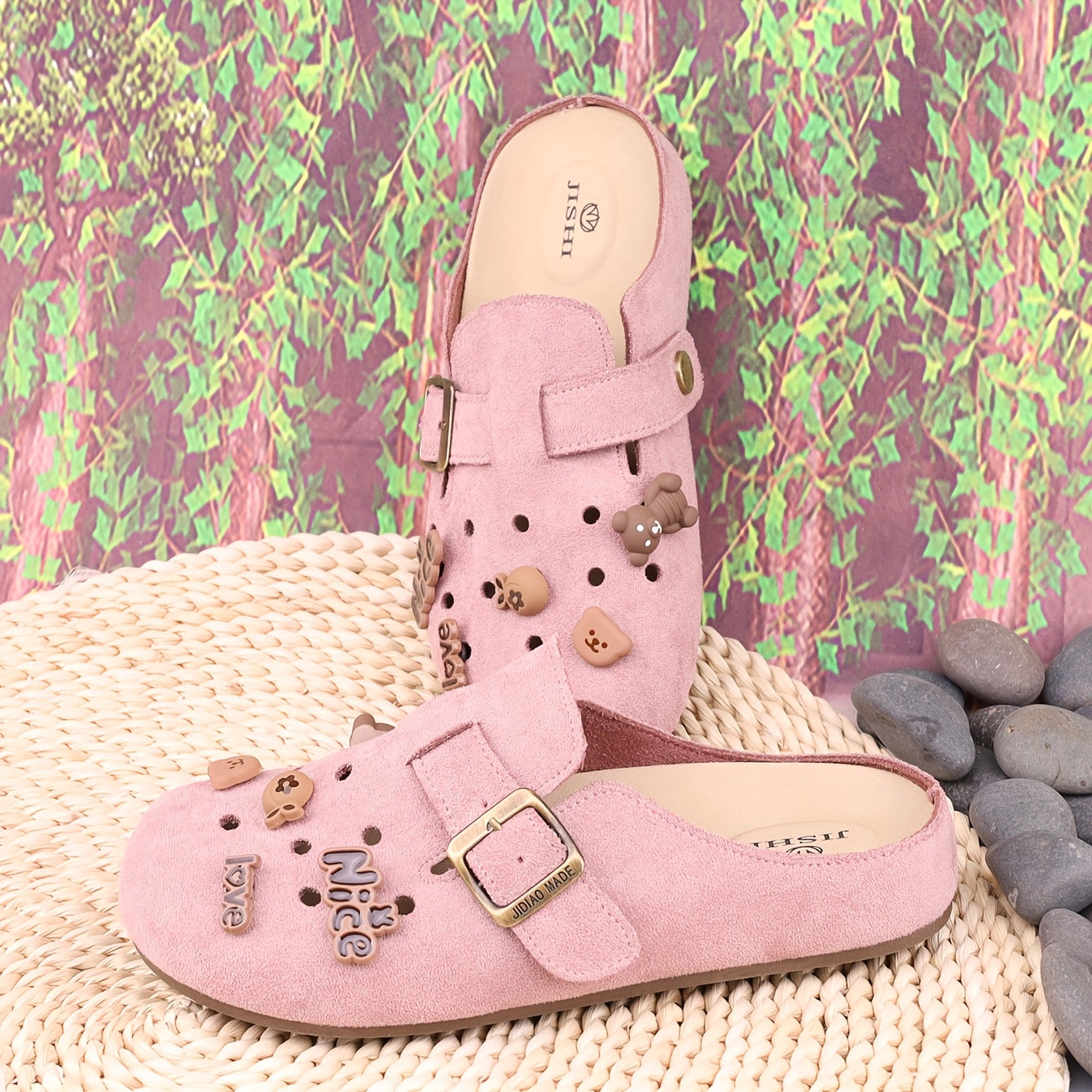 Women’s Microfiber Cartoon Letter Mule Shoes - Casual All-Season Flat Beige