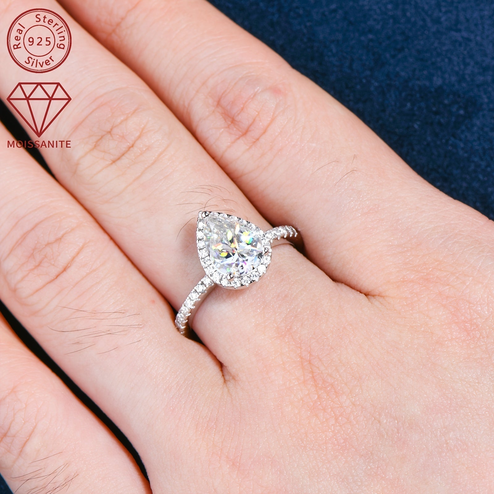 Women's Sterling Silver Engagement Ring with 2 Carat Pear-Shaped Moissanite Center and Surrounding Stones