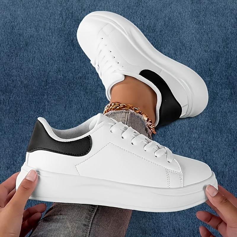 Women’s White Casual Sneakers with Black Accents, Lightweight EVA Sole