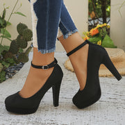 Women's Black Velvet High Heel Pumps with Ankle Strap for Work and Events