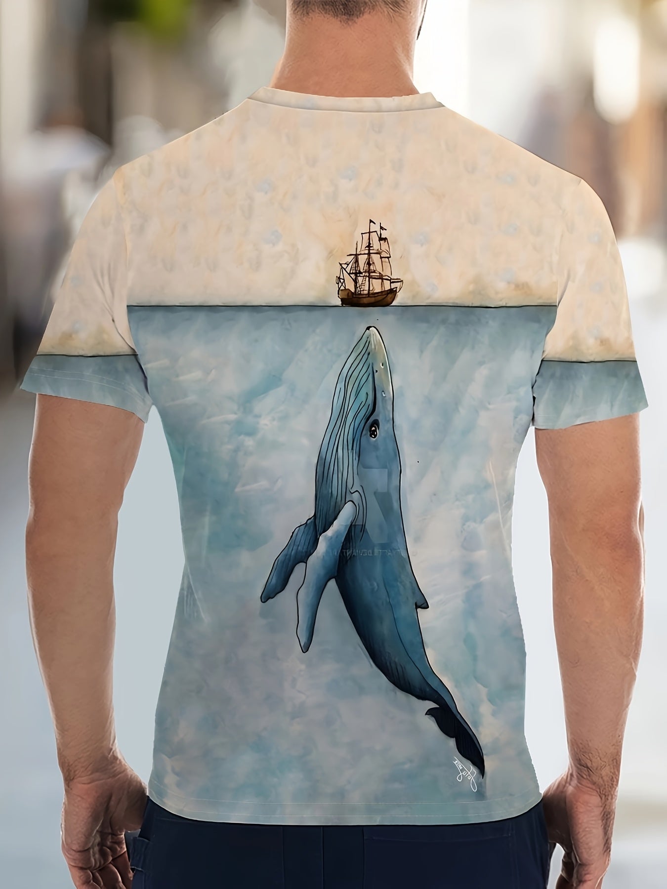 Camiseta de manga larga de poliéster para hombre de todas las estaciones con estampado de ballena geométrica y barco