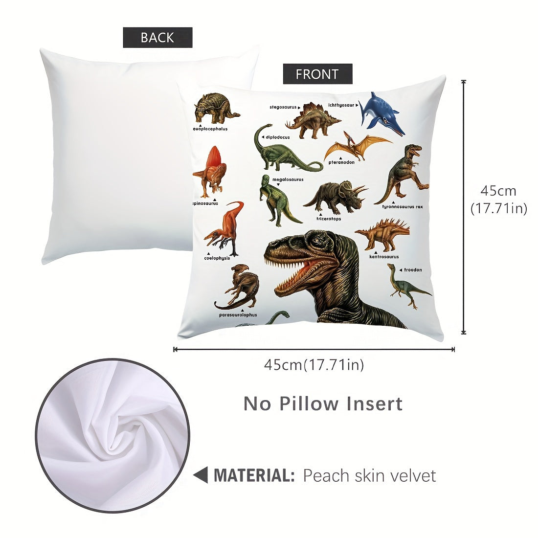 45x45cm Dinosaur Educational Illustration Pillowcase Made from Peach Skin Velvet for Sofa Bed Car Decor