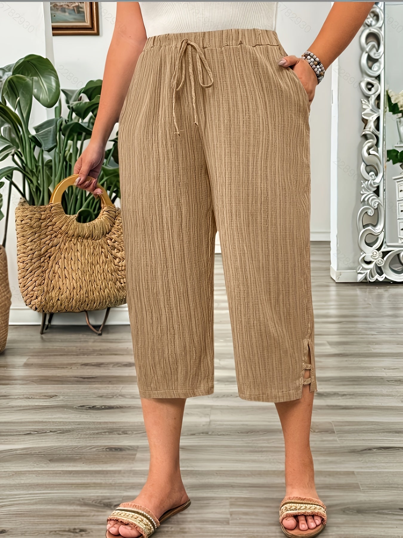 Plus Size Women's Striped Pleated Ankle Pants Faux Drawstring Loose Fit