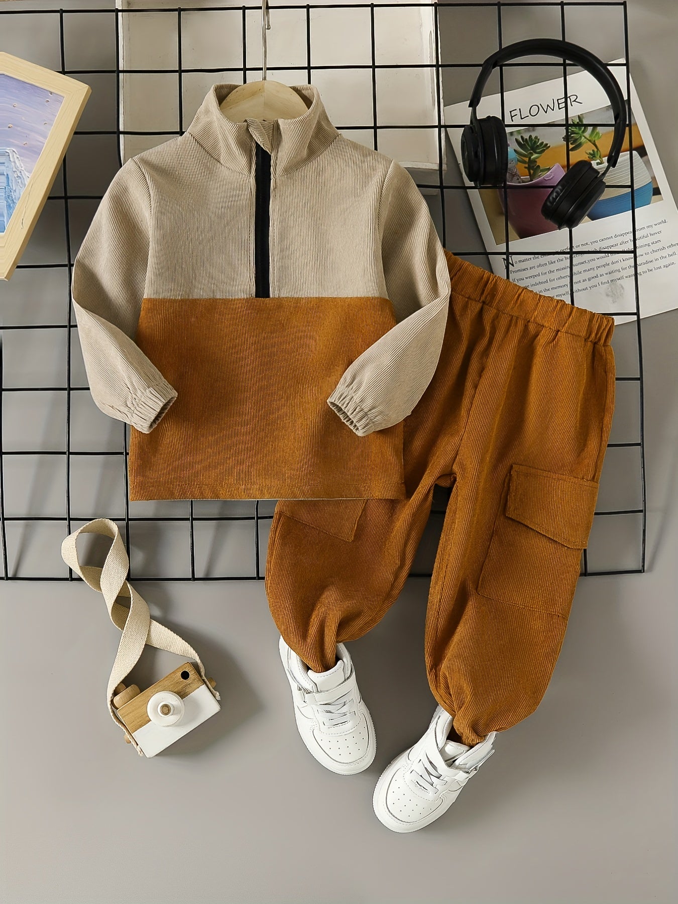 Kids Boys Corduroy Set Long Sleeve Sweatshirt and Elastic Waist Pants for Casual and Outdoor Wear