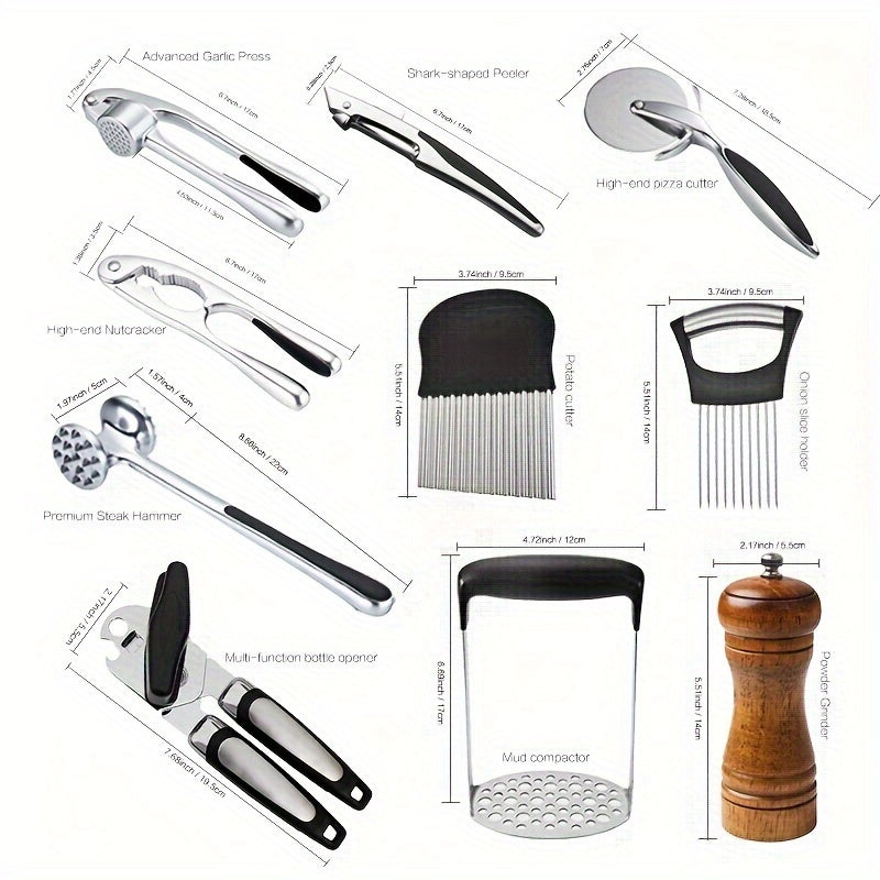 Kitchen Gadgets Set with Garlic Press Can Opener Walnut Clip Pizza Cutter Steak Mallet