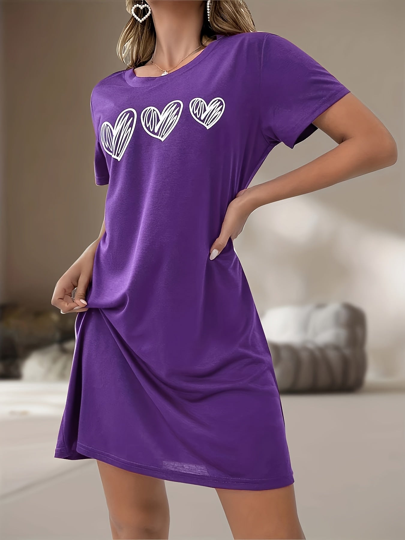 Women's Plus Size Heart Print Sleep Dress Soft Stretchy Nightgown Yellow