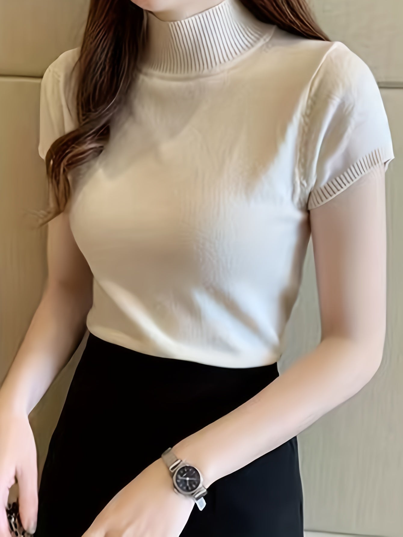 Women's Solid Knit Mock Neck Sweater Short Sleeve Casual Slim Fit All Season