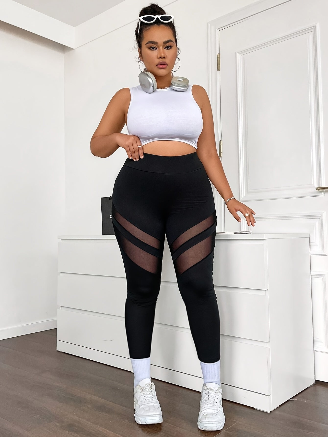 Women's Plus Size High-Waisted Mesh Panel Leggings Black White Sides Athletic Pants
