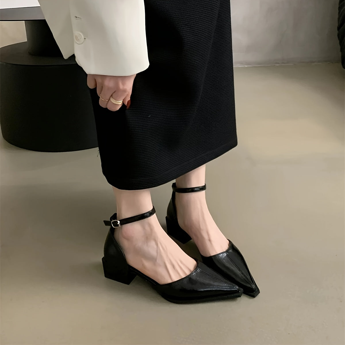 Women Black White Pointed Toe Mary Jane Shoes with Buckle for Formal Casual