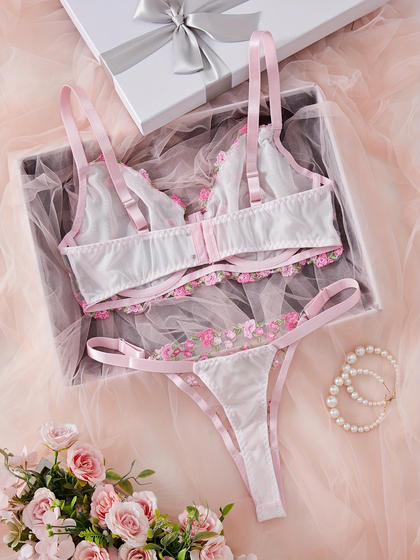 Adult Women's Floral Lingerie Set Polyester Blend Semi-Sheer with Stretch