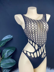 Women's Nylon Bodysuit with Hook Knit Cutout Design and Tight Fit for Streetwear