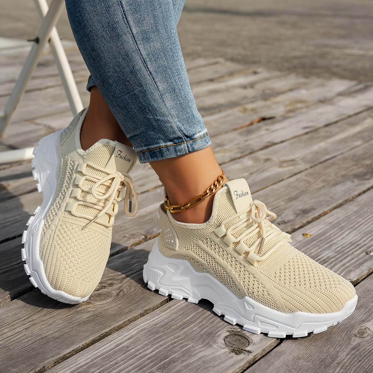 Women’s White Casual Sneakers, Breathable Elastic Upper, Plus Size