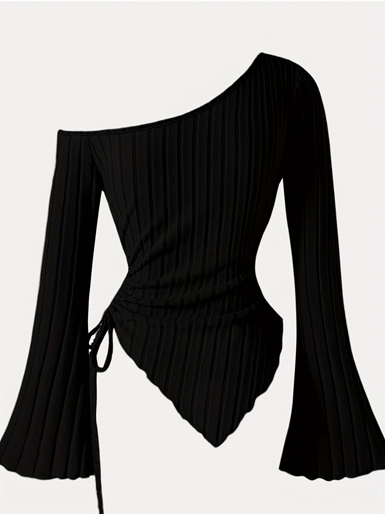 Women's Off-Shoulder T-Shirt with Asymmetrical Hem Flare Sleeves Polyester Knit Medium Stretch