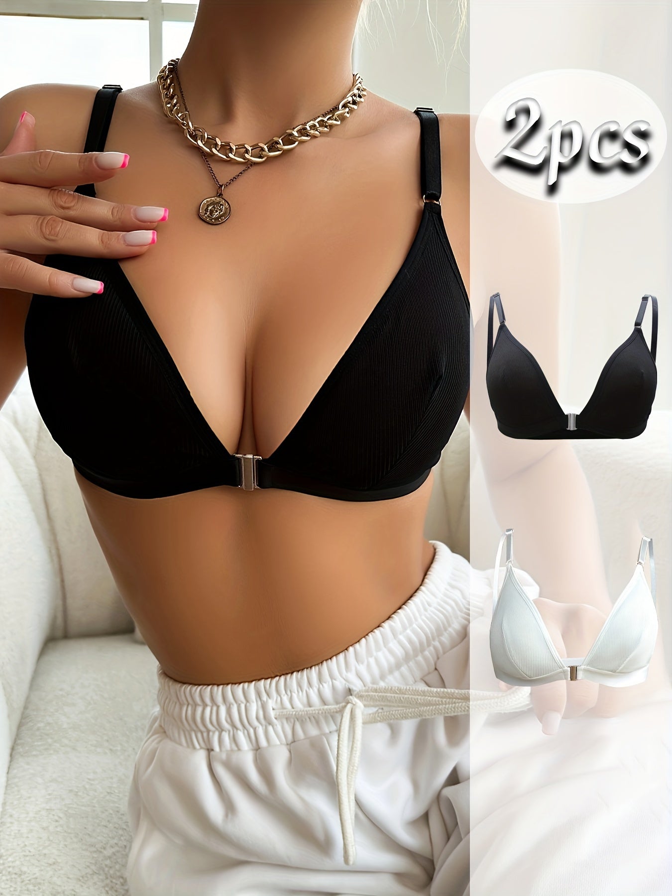 2-Pack Women's Push Up Bras Wireless Solid Color Knit Fabric Black White