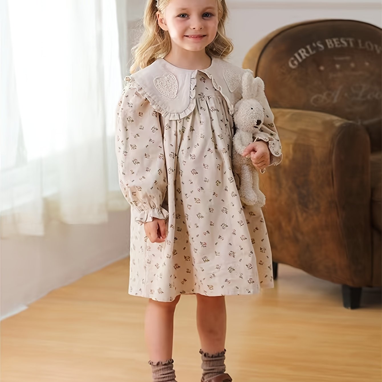 Girls' Floral Cotton Knee-Length Dress with Ruffle Hem and Long Lantern Sleeves