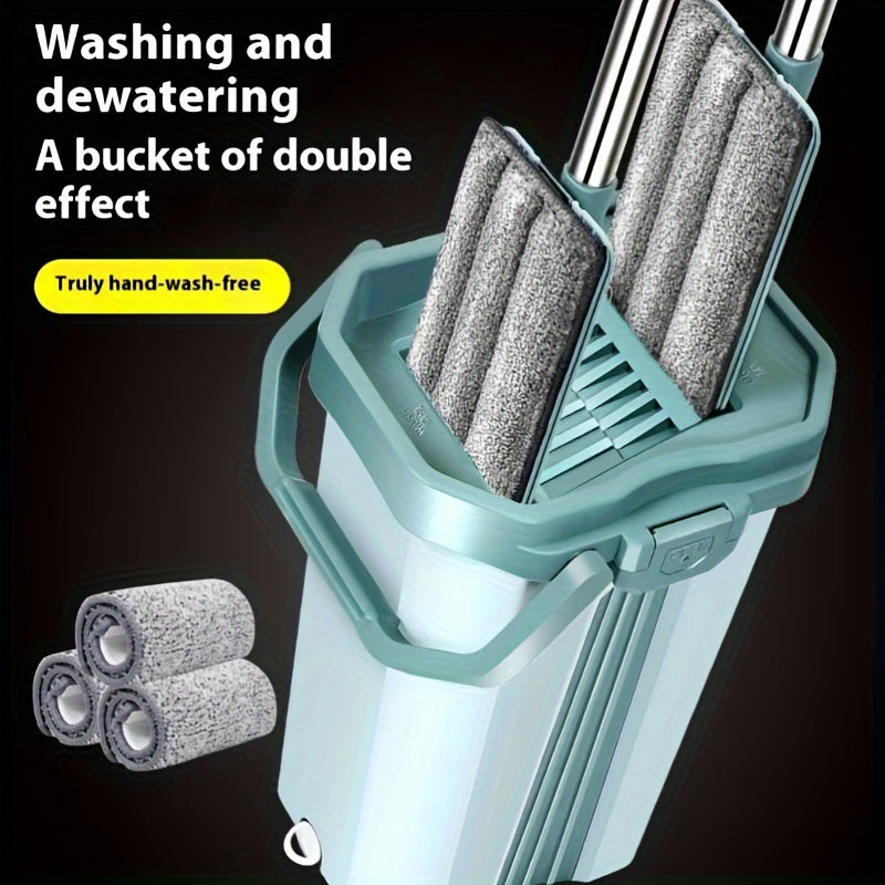 Juego de mopa plana de acero inoxidable con cubo, escurridor sin manos, almohadillas de microfibra