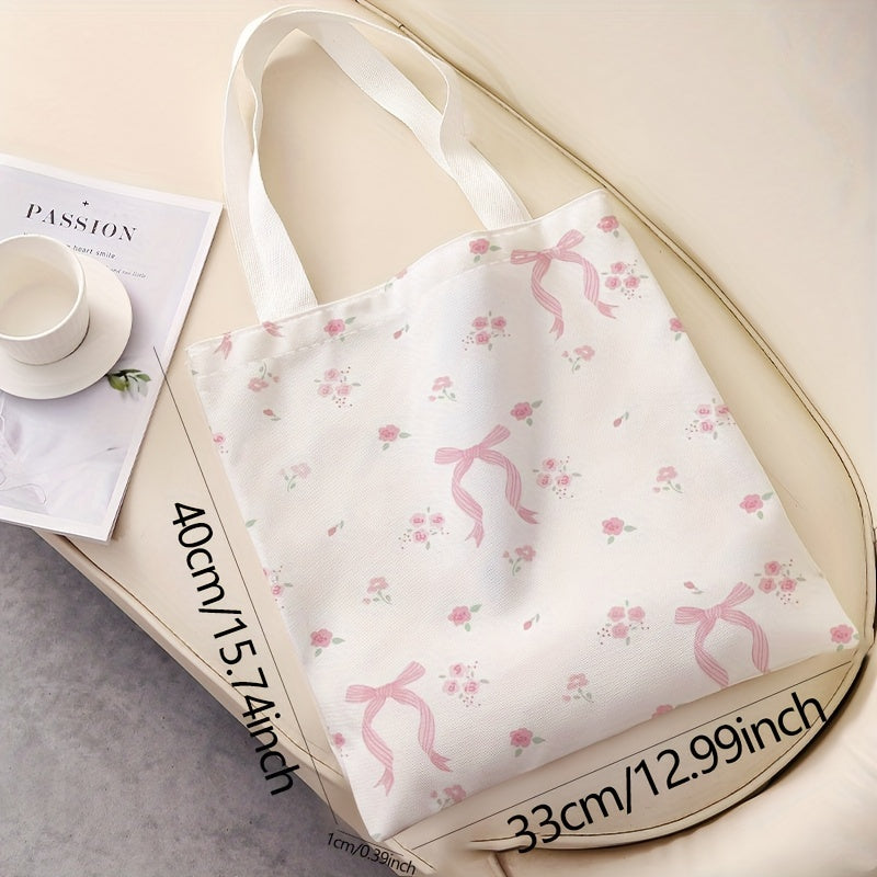 Pink Floral Tote Bag with Bow Reusable Canvas Shoulder Bag for Shopping and Daily Use