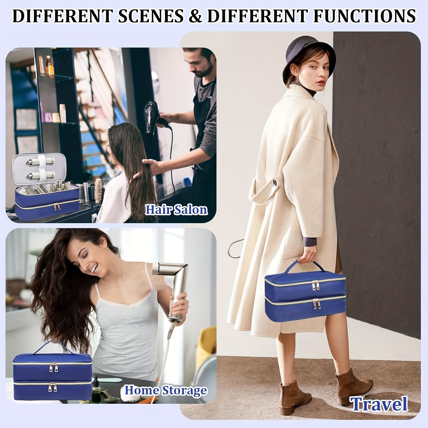 Estuche de secador de pelo de viaje unisex con bolsa organizadora a prueba de agua, resistente a arañazos y de doble capa en blanco, negro y azul