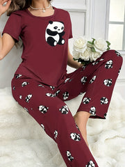 Women's Sleepwear Set with Panda Print Short Sleeve Top and Elastic Pants