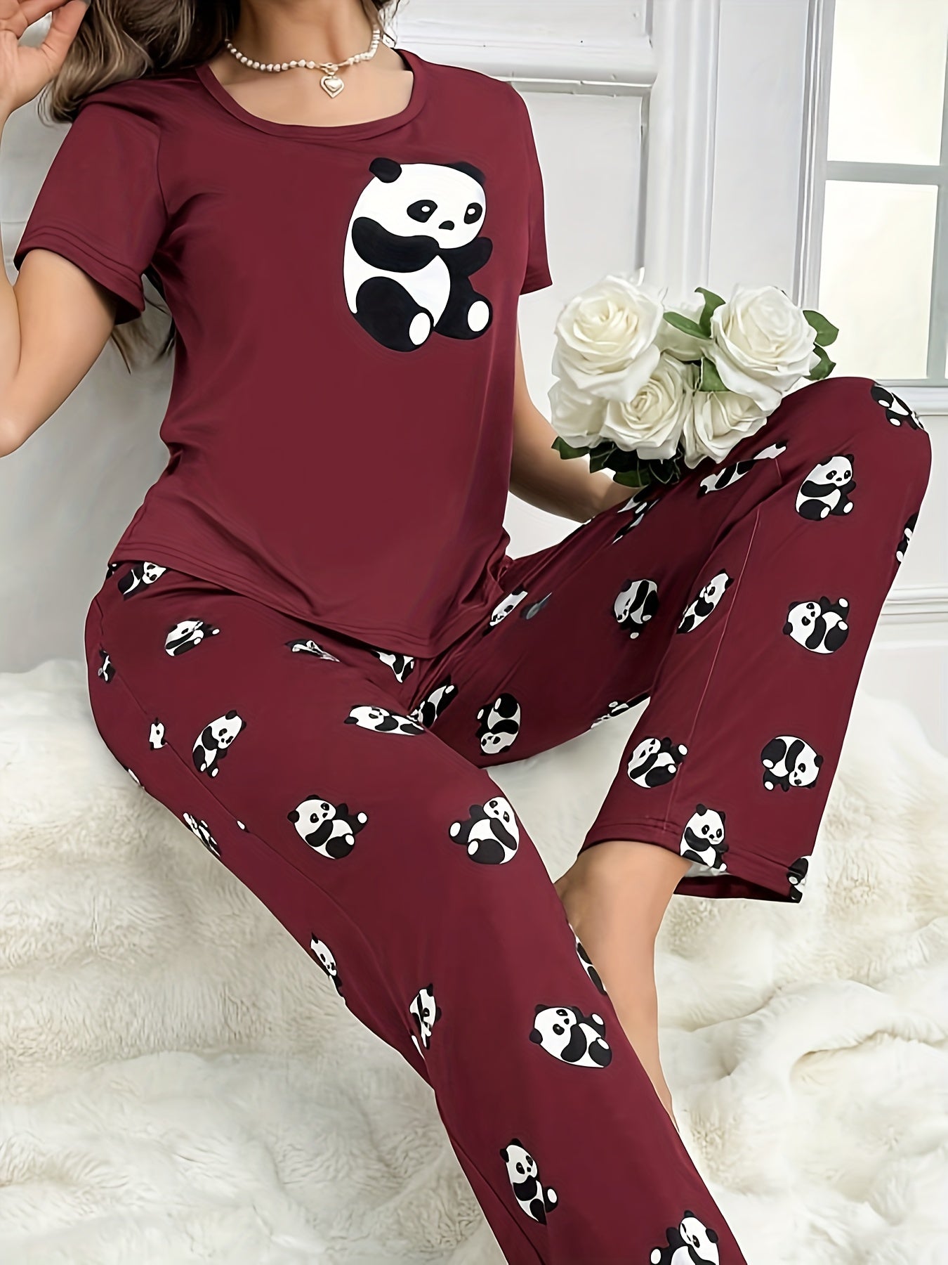 Women's Sleepwear Set with Panda Print Short Sleeve Top and Elastic Pants