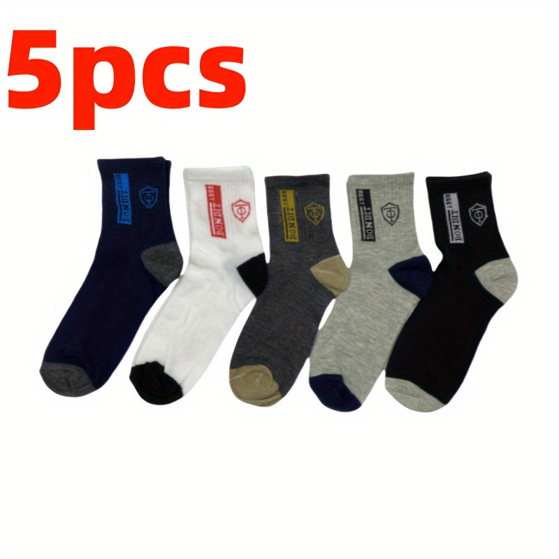 Men's Crew Socks Pack of 5 Soft Durable Ribbed Cuffs Black Blue Shield Design
