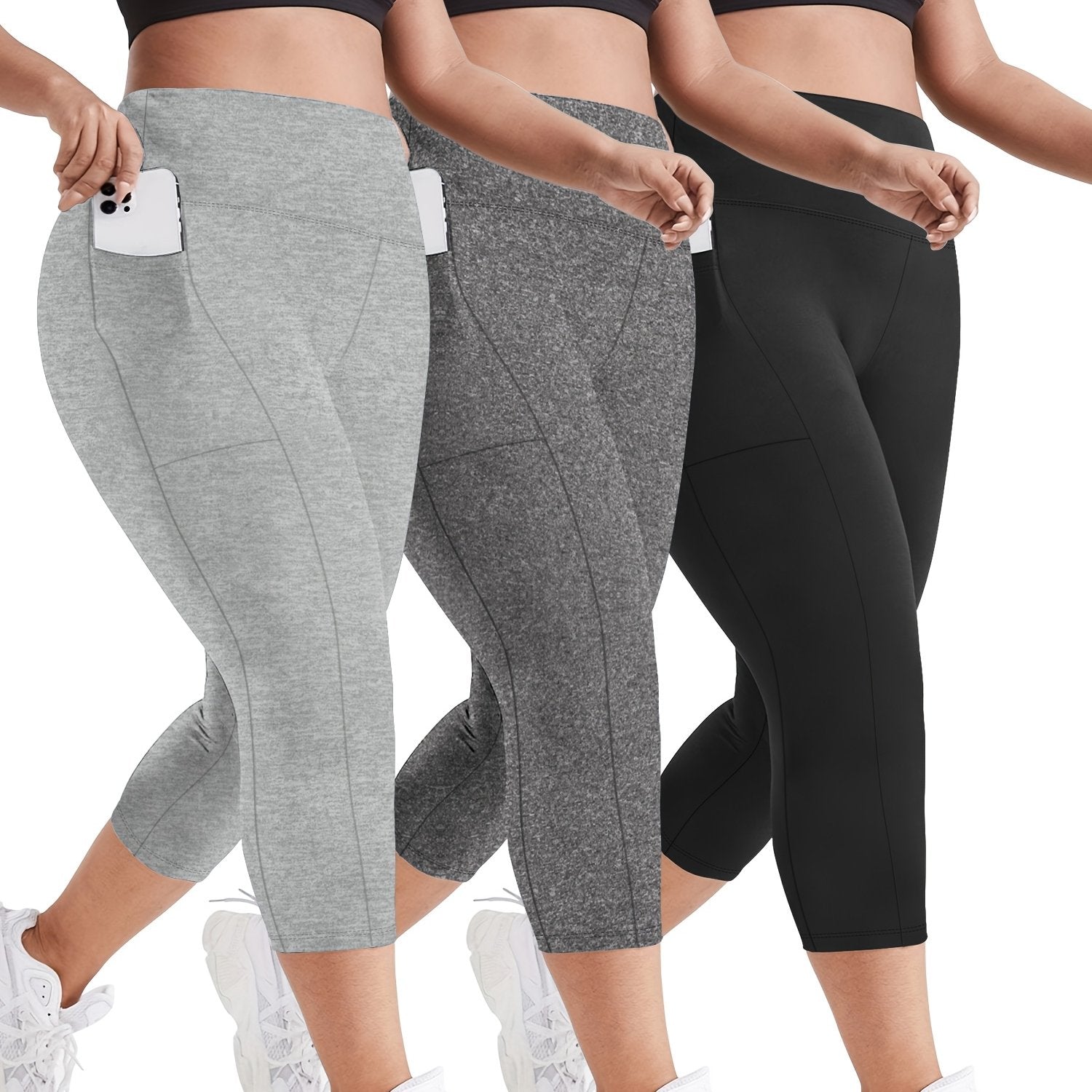 Plus Size Women Capri Leggings 3 Pack Tummy Control High Waist Pockets
