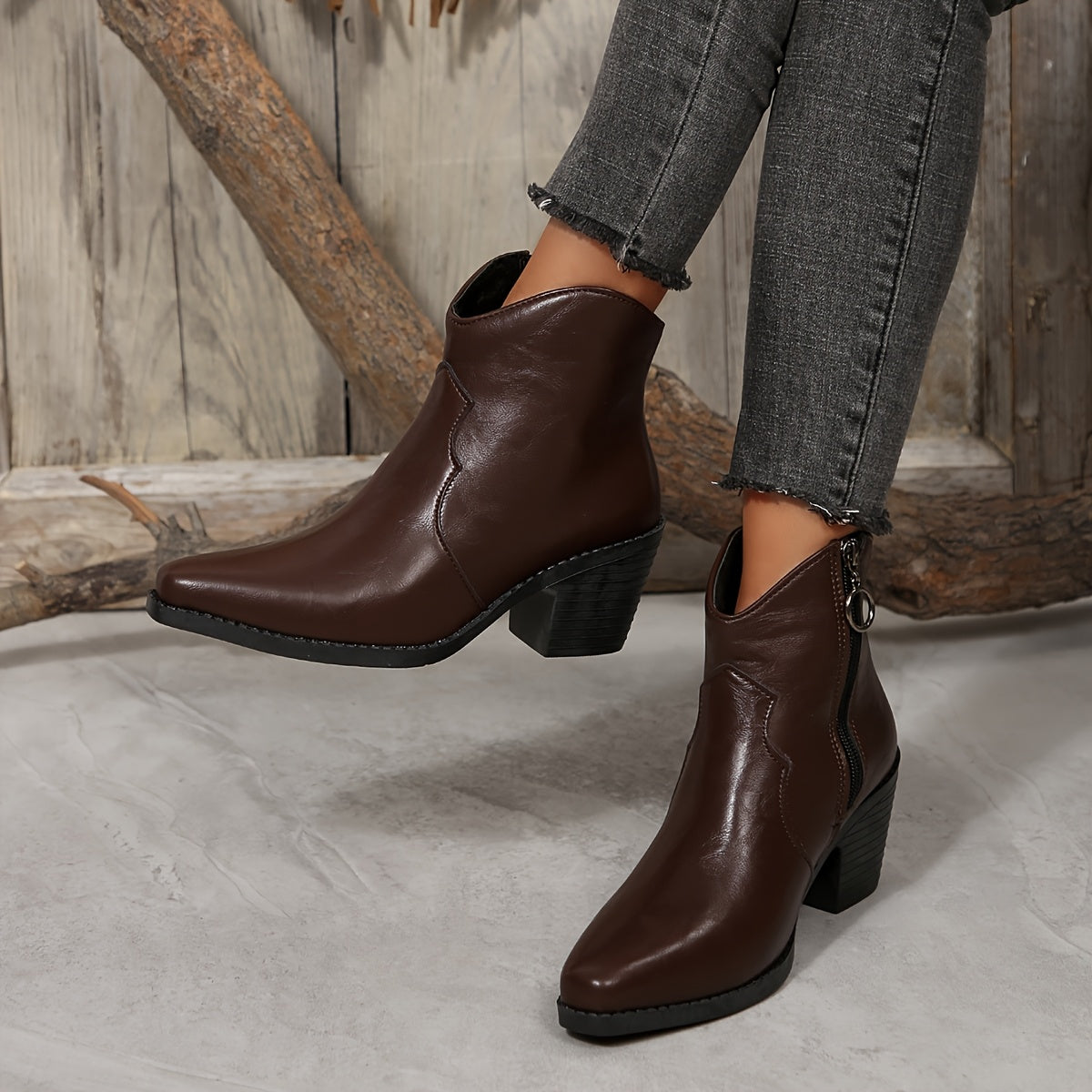 Women's Faux Cover Block Heel Ankle Boots Brown Pointed Toe Non-Slip Rubber Sole