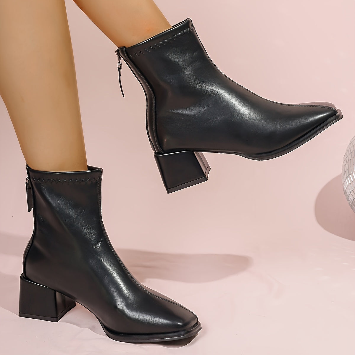 Women's Winter Boots Leather Thick Heel Square Toe Zipper Closure