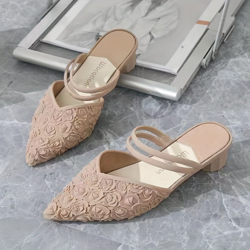 Women's PVC Floral Slide Sandals with Pointed Toe and Mid Heel