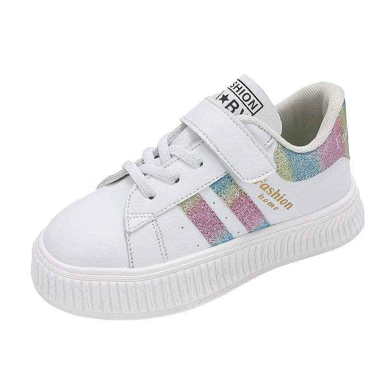 Kids Casual Sneakers with Stripe Design, PU Upper, Rubber Sole, Hook and Loop Fastener, Unisex