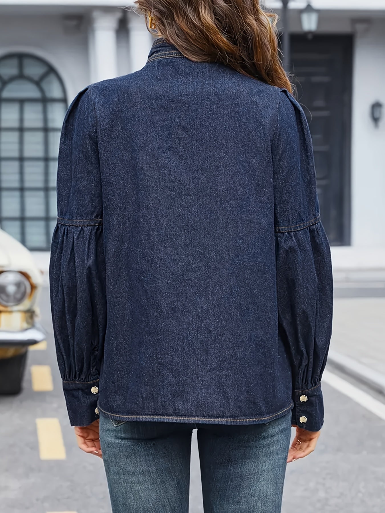 Women's Denim Blouse with Bow Tie Lantern Sleeves in Dark Blue Cotton Spandex